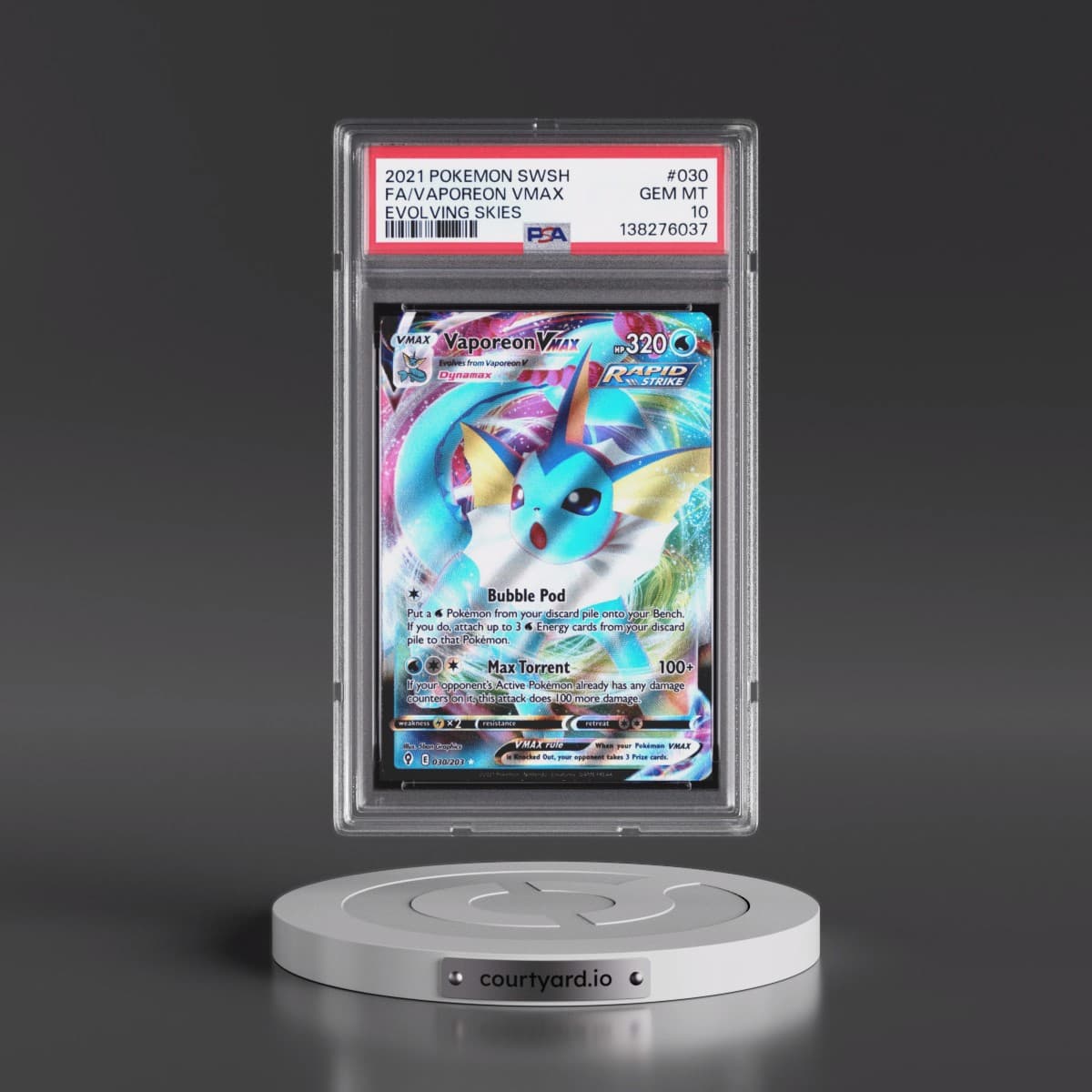 2021 Pokémon Sword & Shield Evolving Skies #030 Vaporeon Vmax - Full Art (PSA 10 GEM MINT)