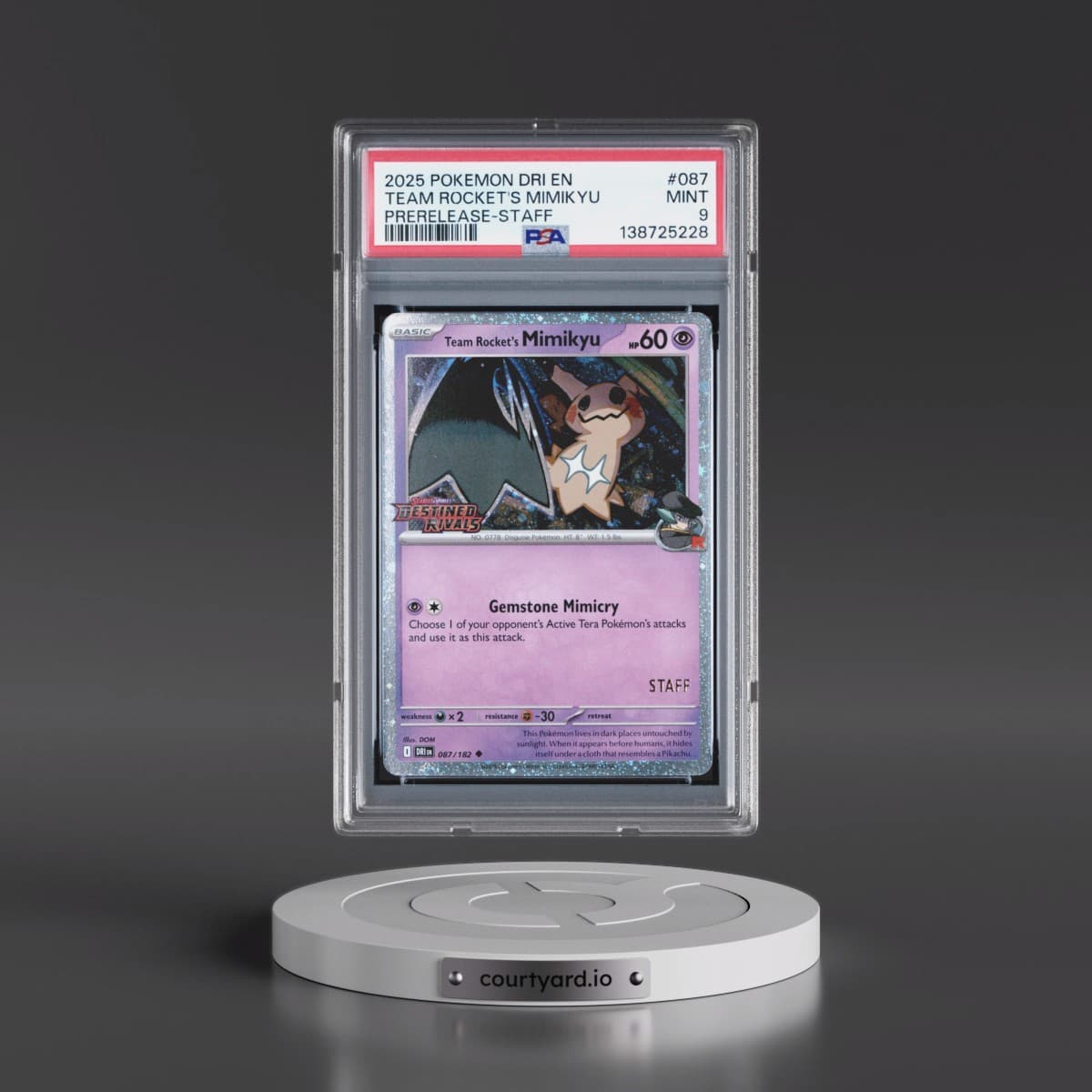 2025 Pokémon Dri EN-Destined Rivals #087 Team Rocket's Mimikyu - Prerelease-Staff (PSA 9 MINT)