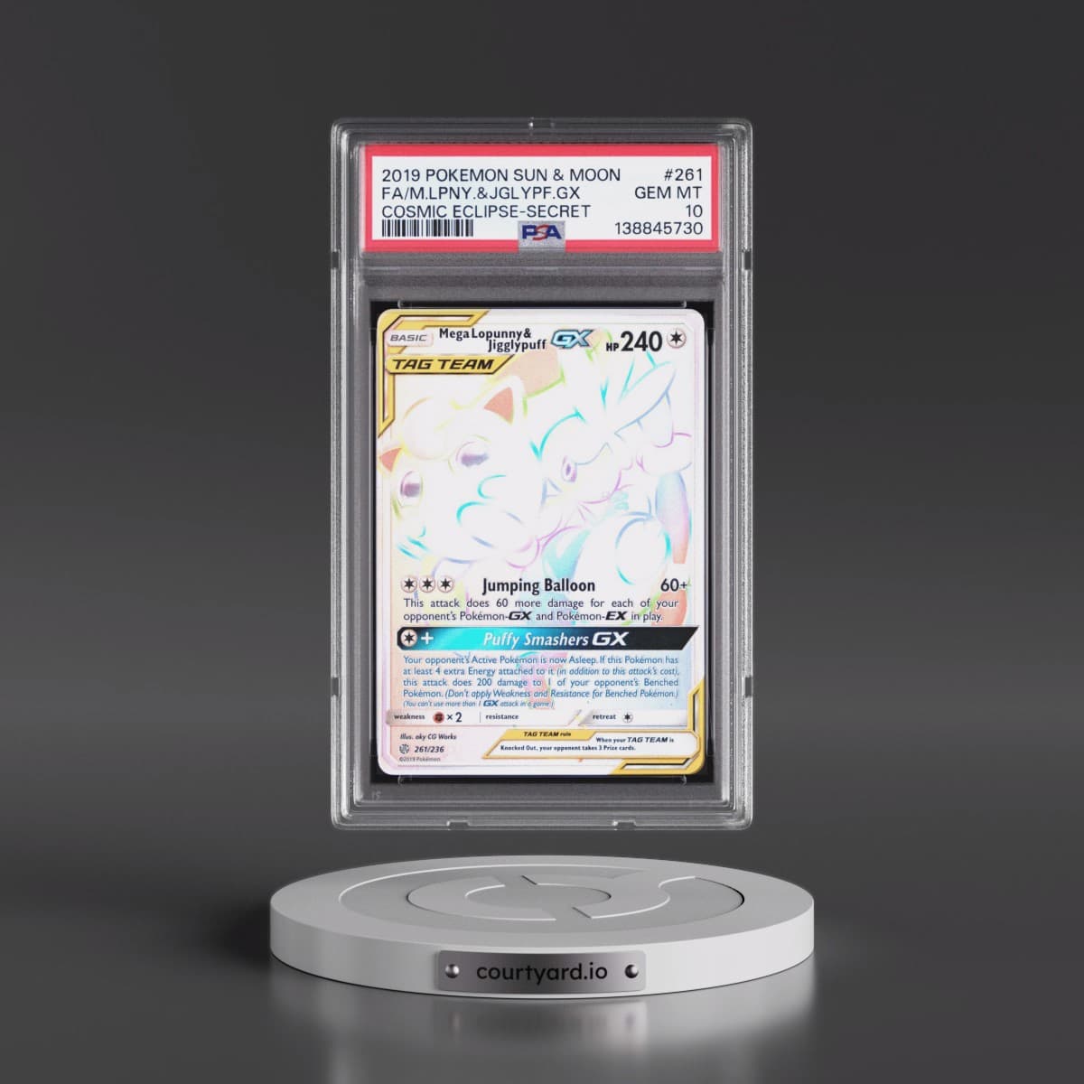 2019 Pokémon Sun & Moon Cosmic Eclipse #261 Mega-Lopunny & Jigglypuff GX - Holo Full Art Secret (PSA 10 GEM MINT)