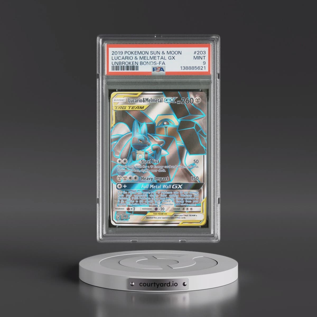 2019 Pokémon Sun & Moon Unbroken Bonds #203 Lucario & Melmetal GX - Holo Full Art (PSA 9 MINT)