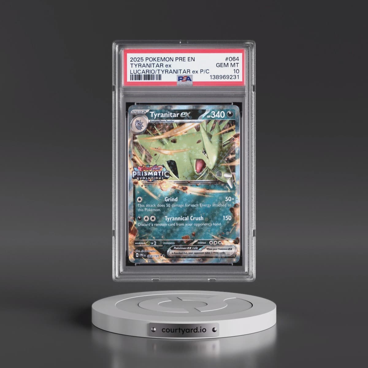 2025 Pokémon Pre EN-Prismatic Evolutions #064 Tyranitar EX - Holo Lucario EX & Tyranitar EX Premium Collection (PSA 10 GEM MINT)