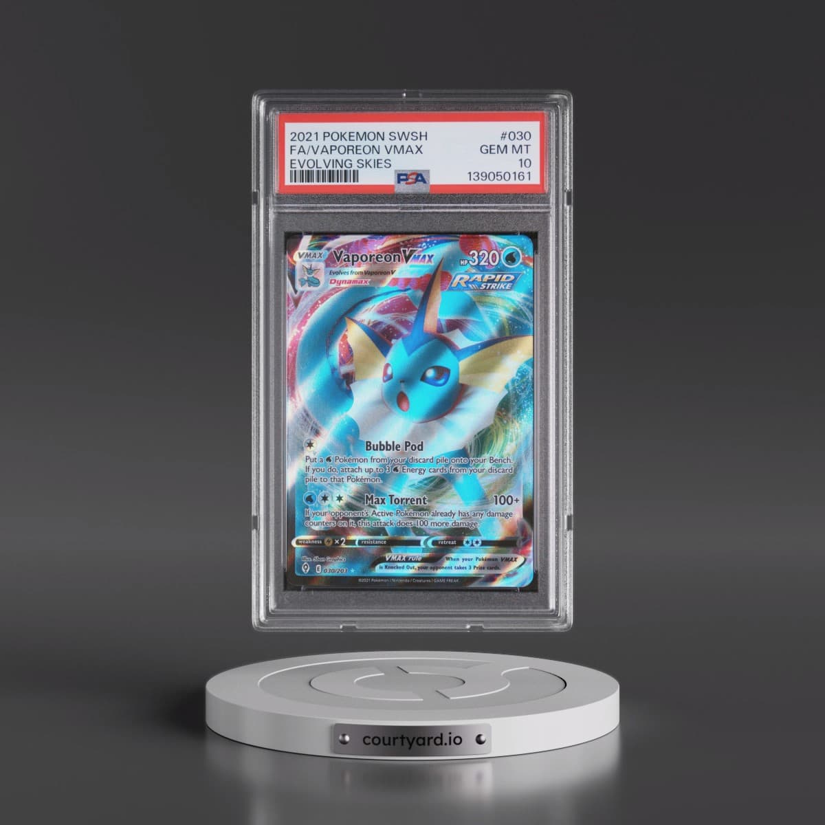 2021 Pokémon Sword & Shield Evolving Skies #030 Vaporeon Vmax - Full Art (PSA 10 GEM MINT)
