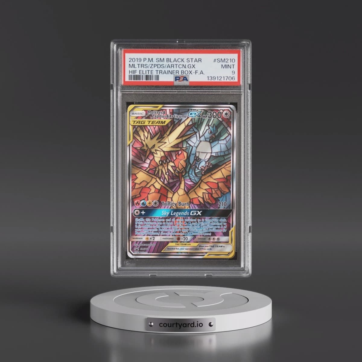 2019 Pokémon SM Black Star Promo #SM210 Moltres & Zapdos & Articuno GX - Holo Full Art Hidden Fates Elite Trainer Box (PSA 9 MINT)