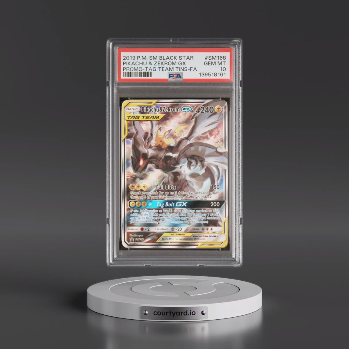 2019 Pokémon SM Black Star Promo #SM168 Pikachu & Zekrom GX - Holo Full Art Tag Team Tins (PSA 10 GEM MINT)