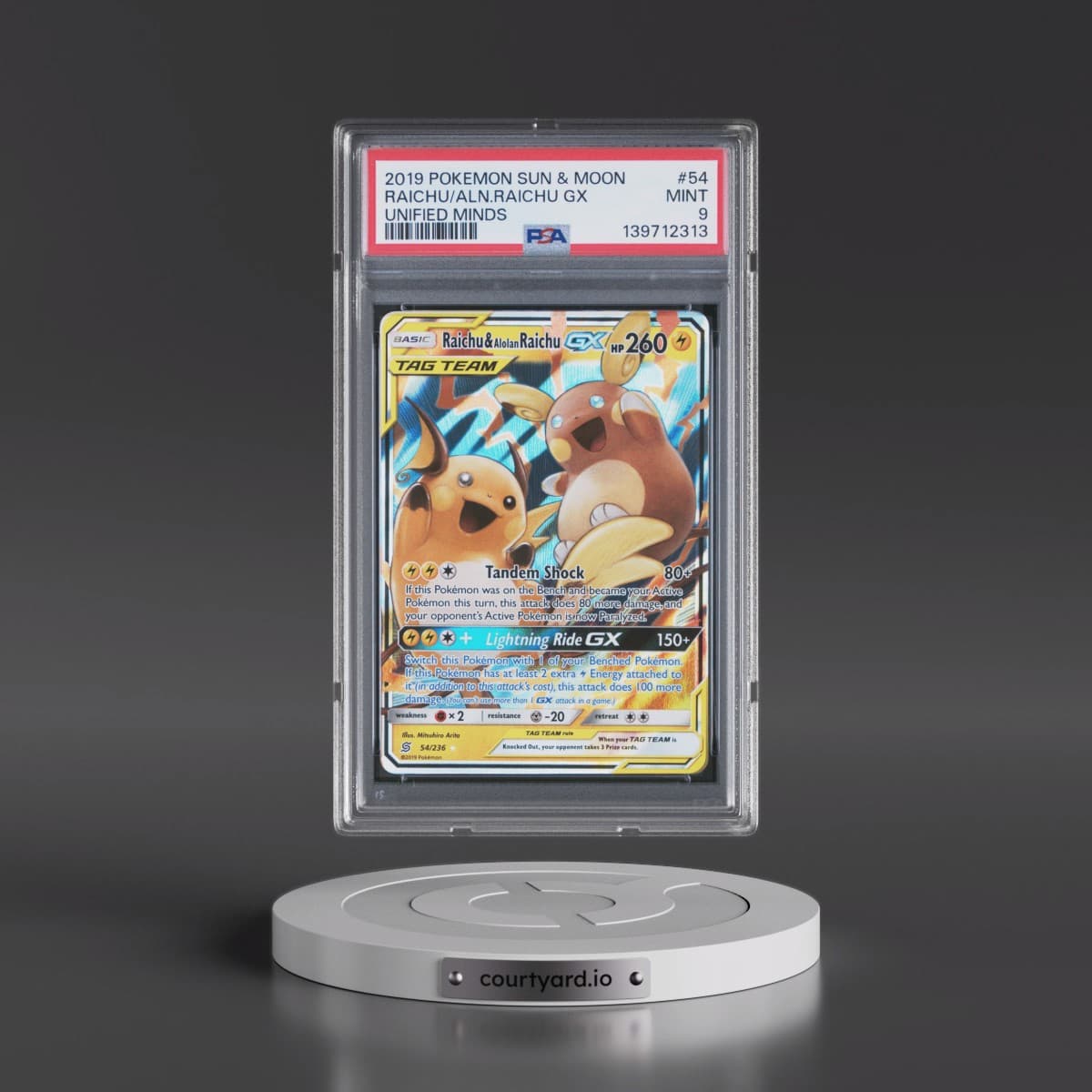 2019 Pokémon Sun & Moon Unified Minds #54 Raichu & Alolan Raichu GX - Holo (PSA 9 MINT)