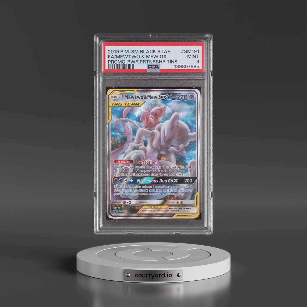2019 Pokémon SM Black Star Promo #SM191 Mewtwo & Mew GX - Holo Full Art Power Partnership Tins (PSA 9 MINT)