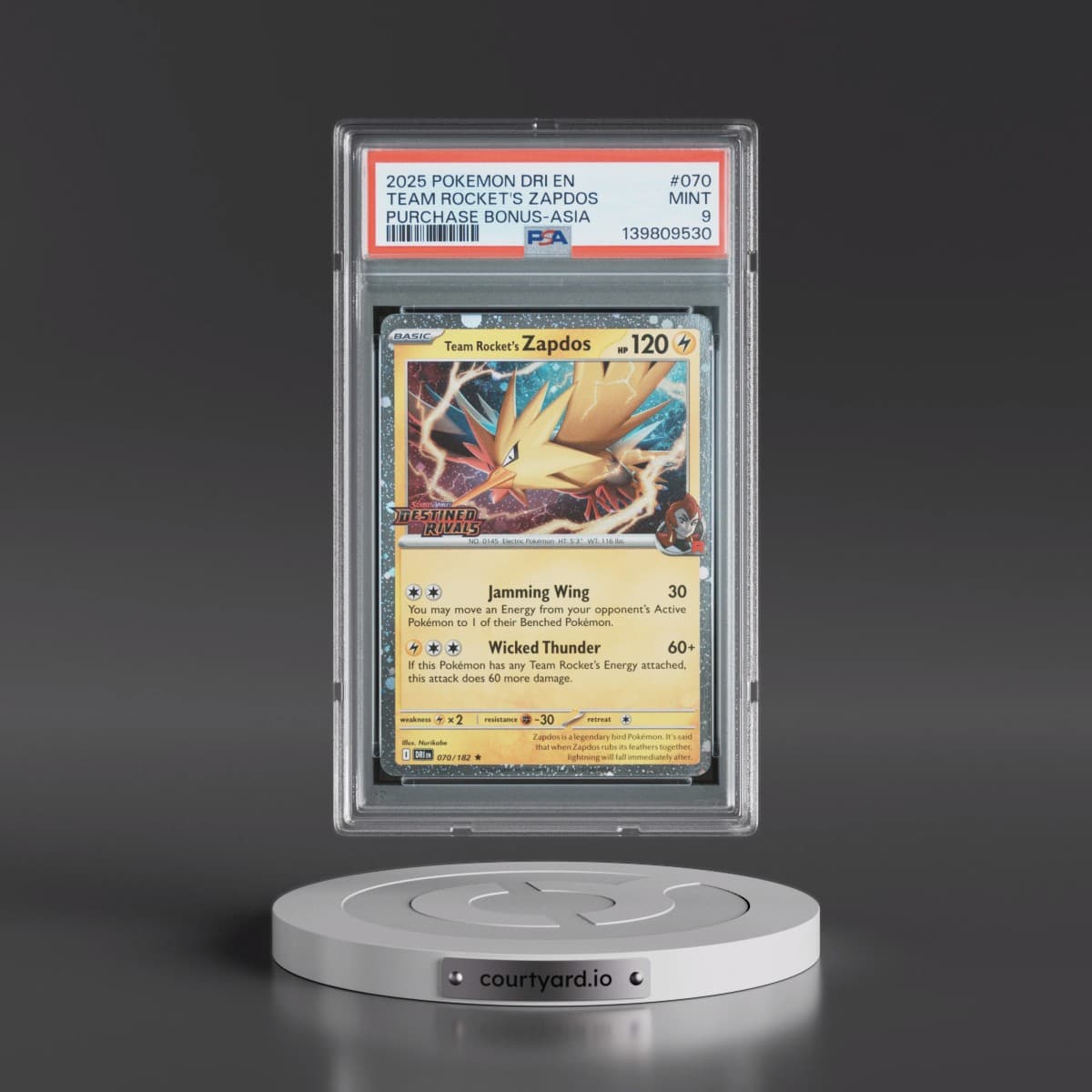 2025 Pokémon Dri EN-Destined Rivals #070 Team Rocket's Zapdos - Purchase Bonus-Asia (PSA 9 MINT)