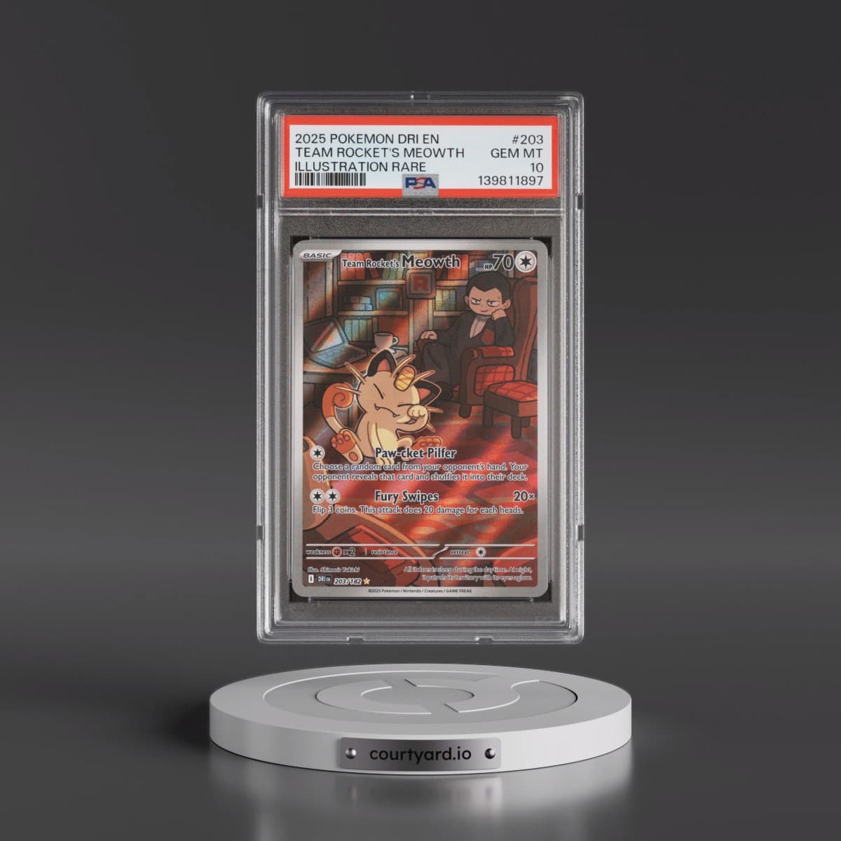 2025 Pokémon Dri EN-Destined Rivals #203 Team Rocket's Meowth - Illustration Rare (PSA 10 GEM MINT)