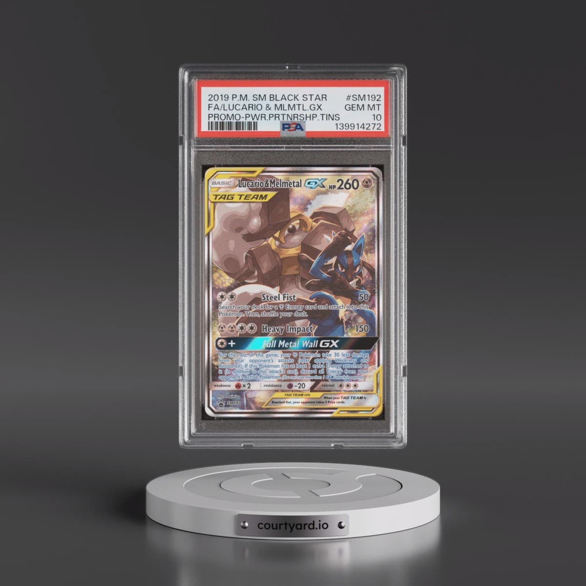 2019 Pokémon SM Black Star Promo #SM192 Lucario & Melmetal GX - Holo Full Art Power Partnership Tins (PSA 10 GEM MINT)