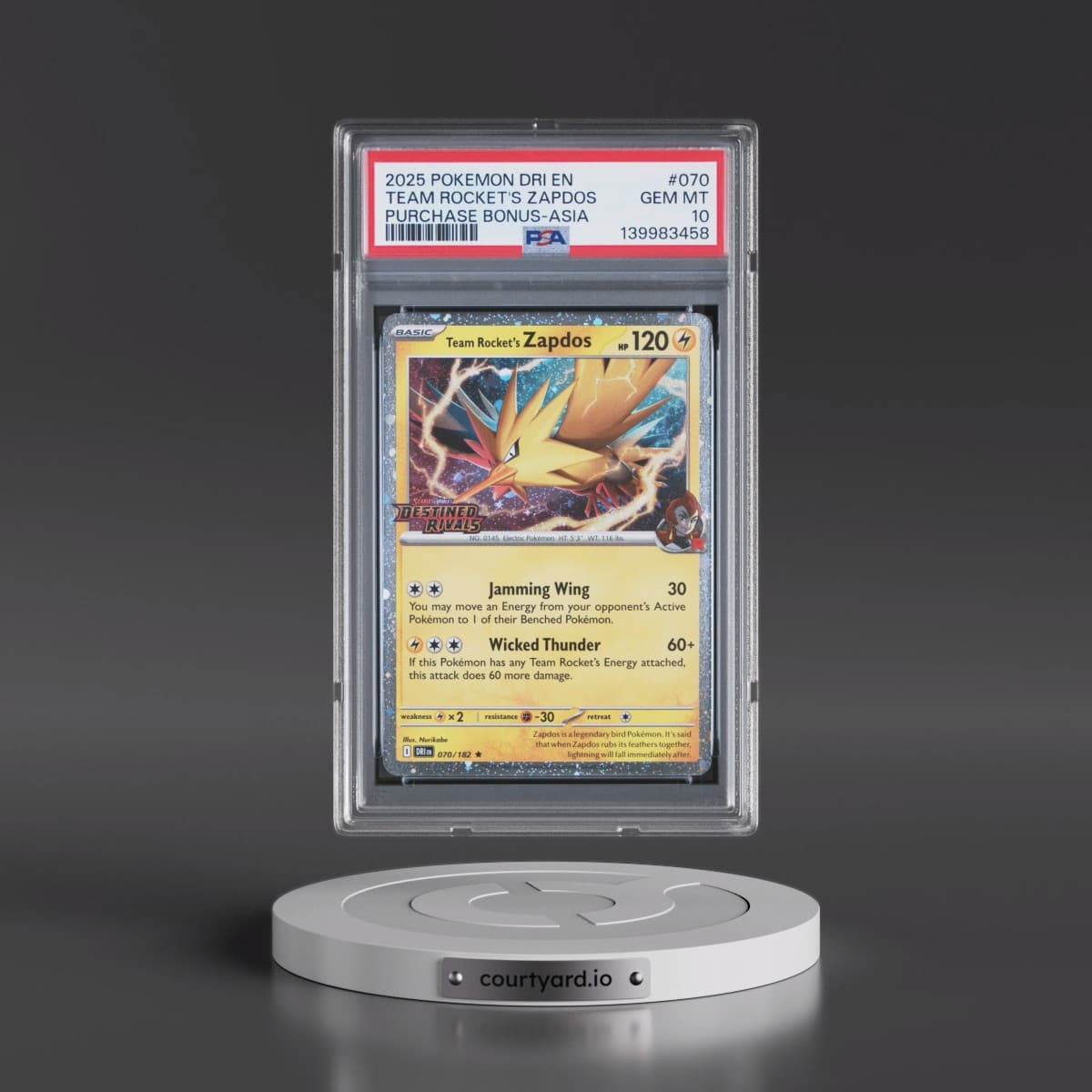 2025 Pokémon Dri EN-Destined Rivals #070 Team Rocket's Zapdos - Purchase Bonus-Asia (PSA 10 GEM MINT)