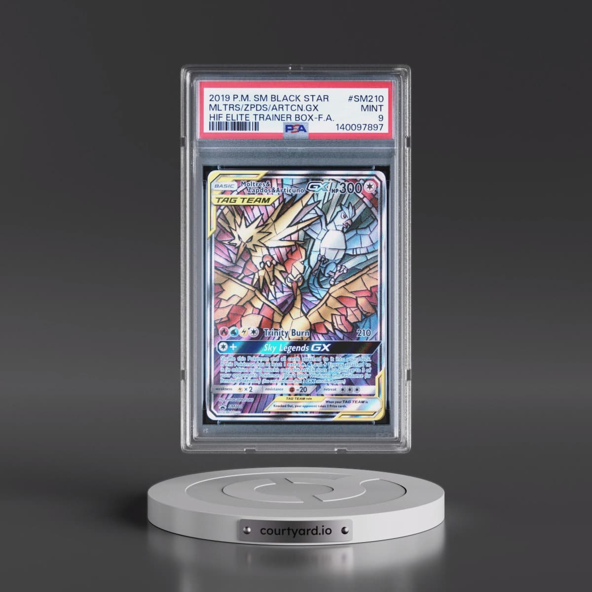 2019 Pokémon SM Black Star Promo #SM210 Moltres & Zapdos & Articuno GX - Holo Full Art Hidden Fates Elite Trainer Box (PSA 9 MINT)