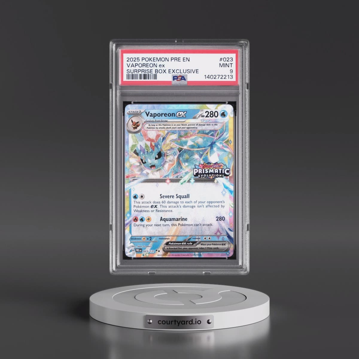2025 Pokémon Pre EN-Prismatic Evolutions #023 Vaporeon EX - Holo Surprise Box Exclusive (PSA 9 MINT)