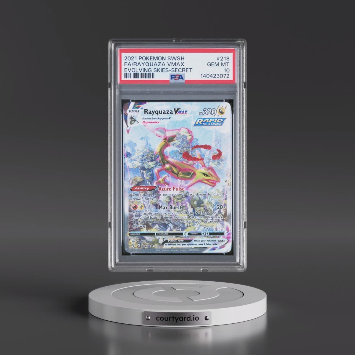 2021 Pokémon Sword & Shield Evolving Skies #218 Rayquaza Vmax - Full Art Secret (PSA 10 GEM MINT)