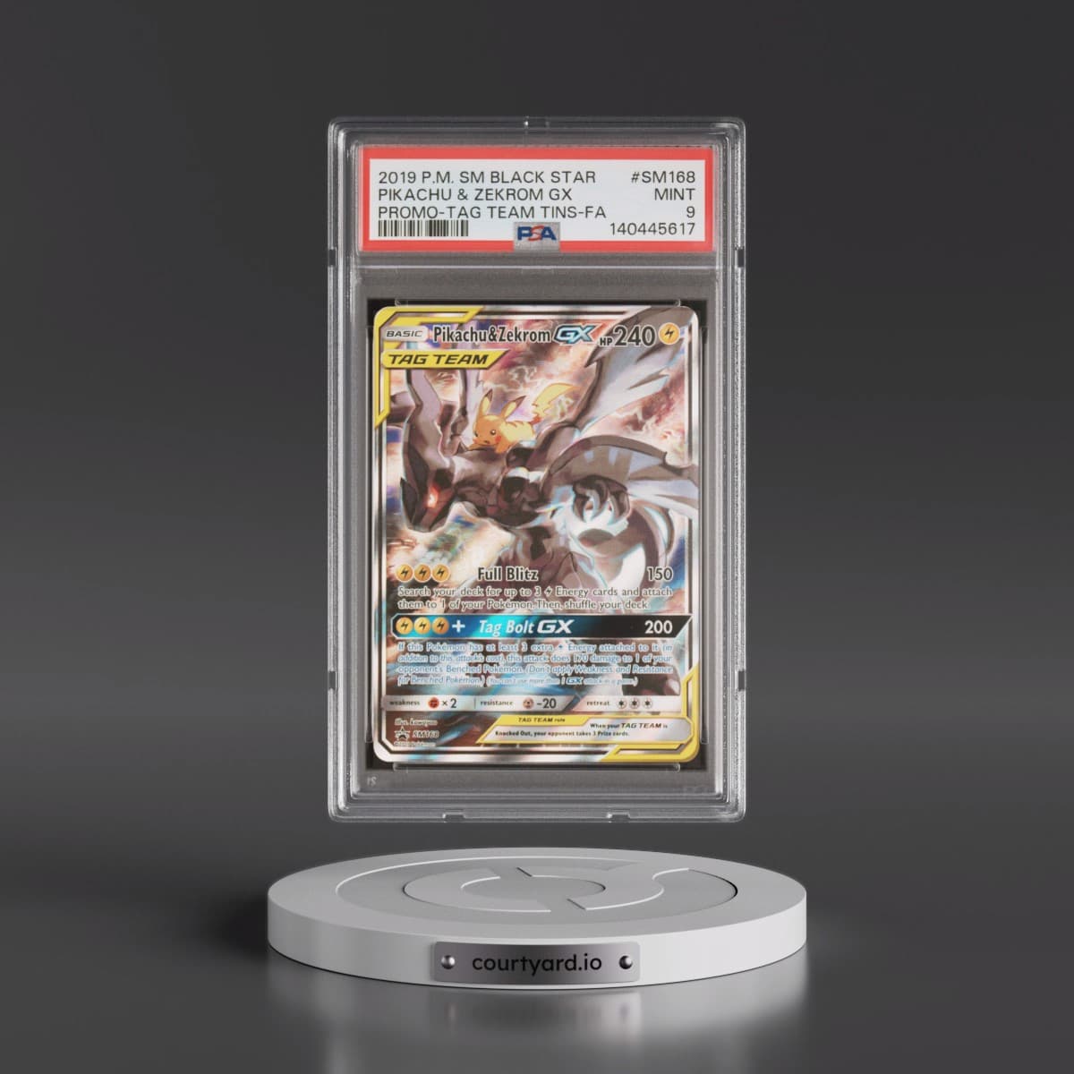 2019 Pokémon SM Black Star Promo #SM168 Pikachu & Zekrom GX - Holo Full Art Tag Team Tins (PSA 9 MINT)