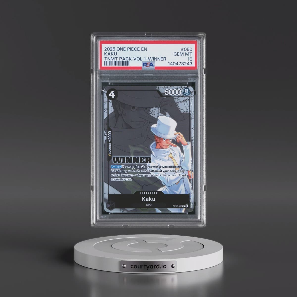 2025 One Piece Tournament Pack Vol.1 #080 Kaku - Winner (PSA 10 GEM MINT)