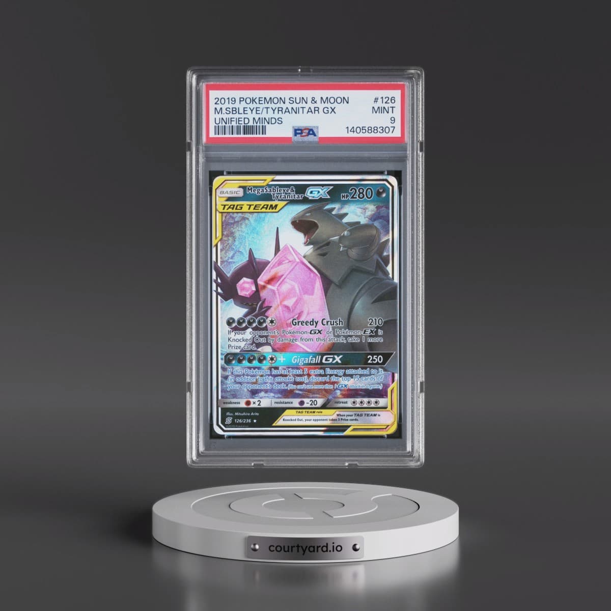 2019 Pokémon Sun & Moon Unified Minds #126 Mega Sableye & Tyranitar GX - Holo (PSA 9 MINT)