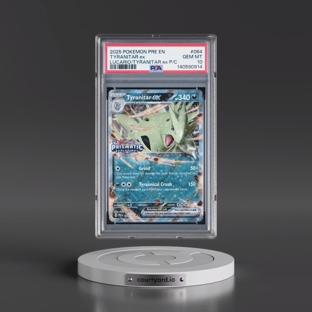 2025 Pokémon Pre EN-Prismatic Evolutions #064 Tyranitar EX - Holo Lucario EX & Tyranitar EX Premium Collection (PSA 10 GEM MINT)