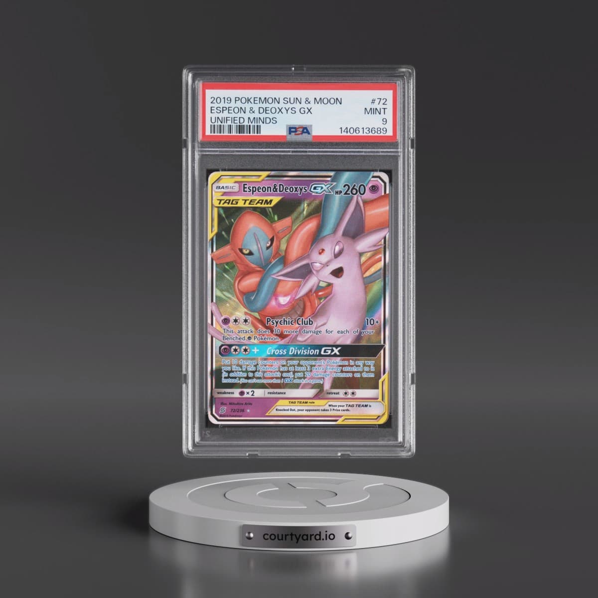 2019 Pokémon Sun & Moon Unified Minds #72 Espeon & Deoxys GX - Holo (PSA 9 MINT)