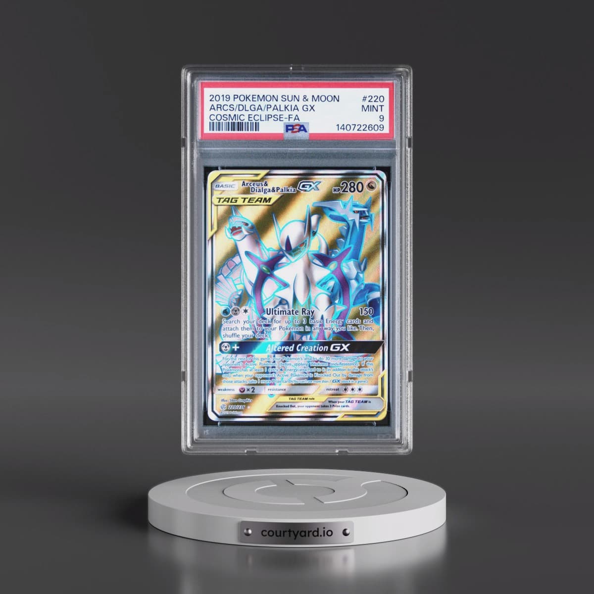 2019 Pokémon Sun & Moon Cosmic Eclipse #220 Arceus & Dialga & Palkia GX - Holo Full Art (PSA 9 MINT)