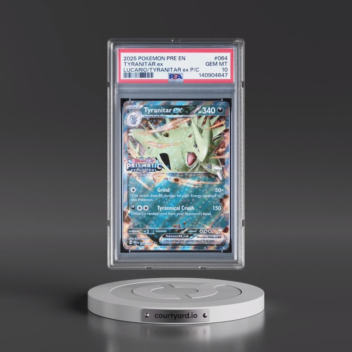 2025 Pokémon Pre EN-Prismatic Evolutions #064 Tyranitar EX - Holo Lucario EX & Tyranitar EX Premium Collection (PSA 10 GEM MINT)