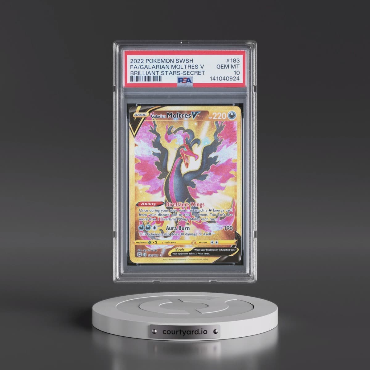 2022 Pokémon Sword & Shield Brilliant Stars #183 Galarian Moltres V - Holo Full Art Secret (PSA 10 GEM MINT)