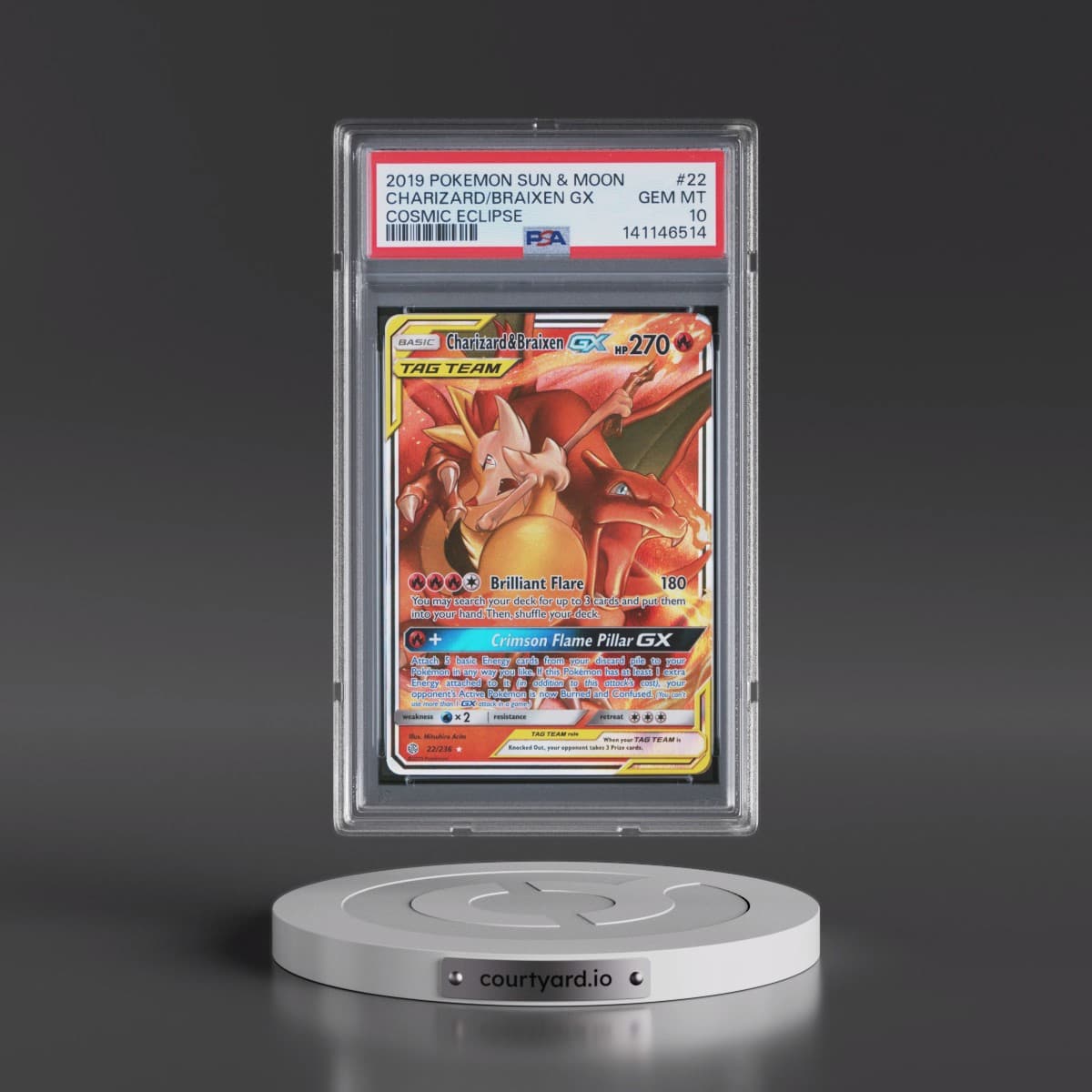 2019 Pokémon Sun & Moon Cosmic Eclipse #22 Charizard & Braixen GX - Holo (PSA 10 GEM MINT)