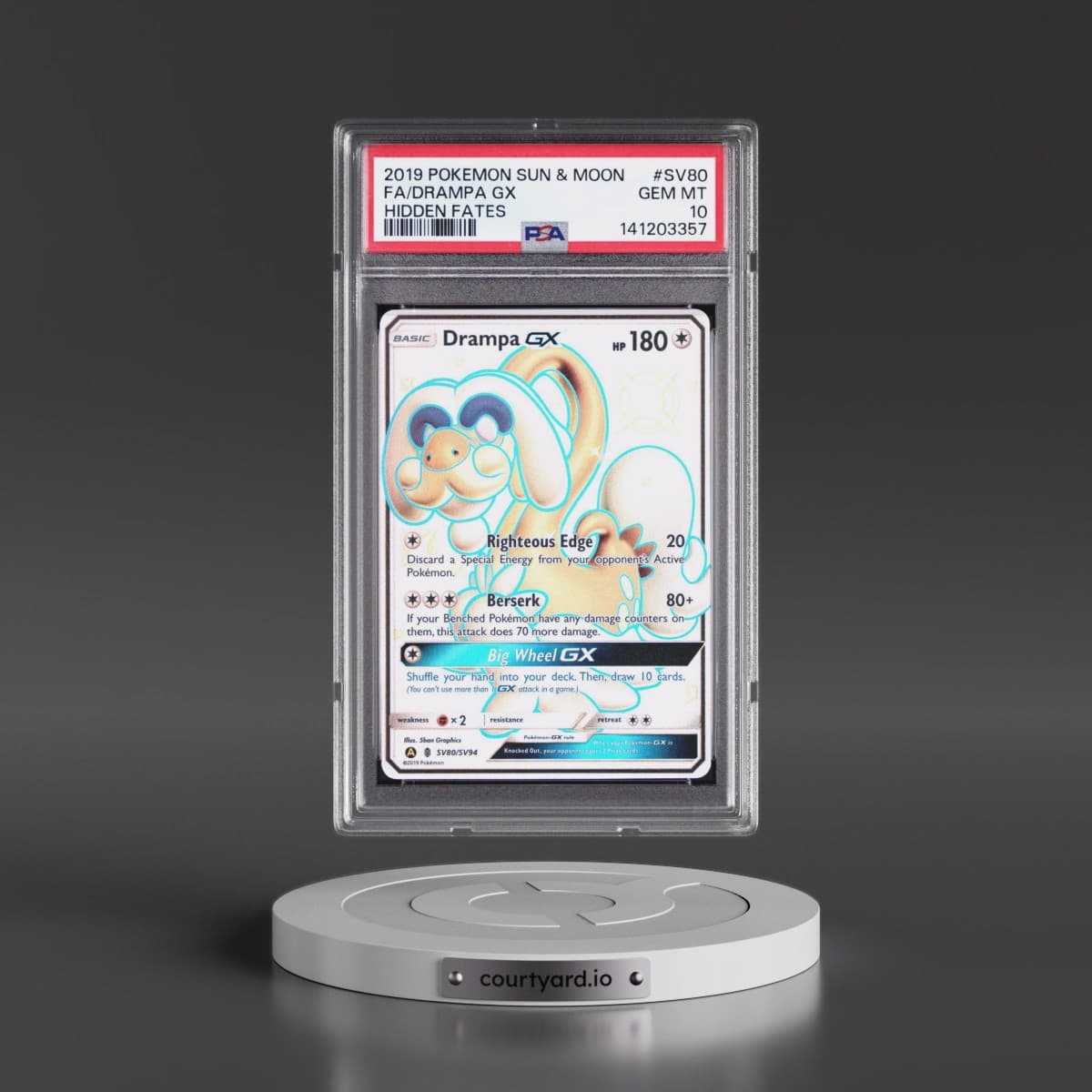 2019 Pokémon Sun & Moon Hidden Fates #SV80 Drampa GX - Holo Full Art (PSA 10 GEM MINT)