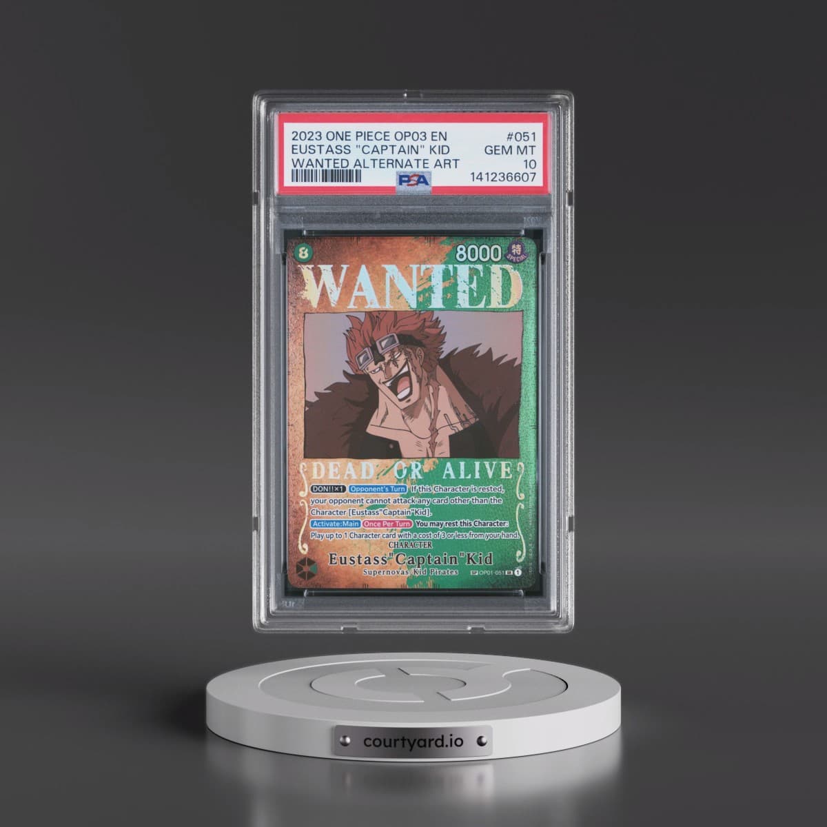 2023 One Piece OP03-Pillars of Strength #051 Eustass "Captain" Kid - Wanted Alternate Art (PSA 10 GEM MINT)