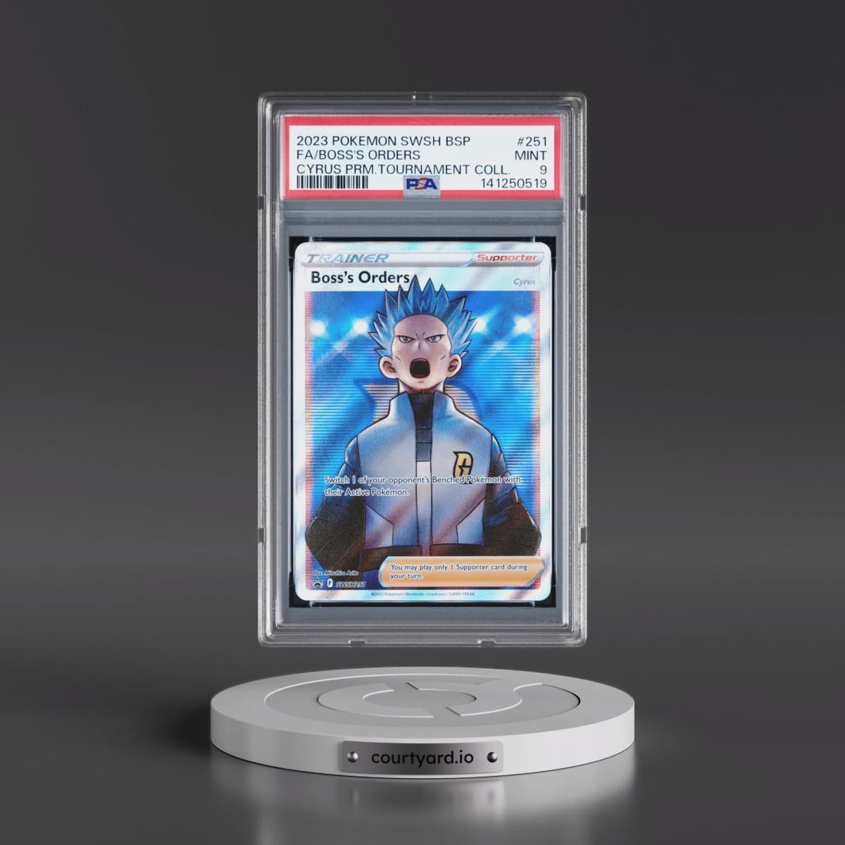 2023 Pokémon Swsh Black Star Promo #251 Boss's Orders - Full Art Cyrus Premium Tournament Collection (PSA 9 MINT)