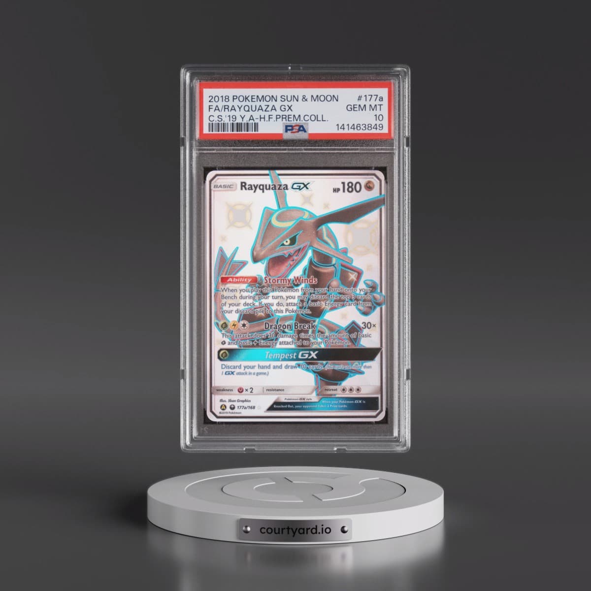 2018 Pokémon Sun & Moon Celestial Storm #177a Rayquaza GX - Holo Full Art 2019 Yellow A Hidden Fates Premium Collection (PSA 10 GEM MINT)