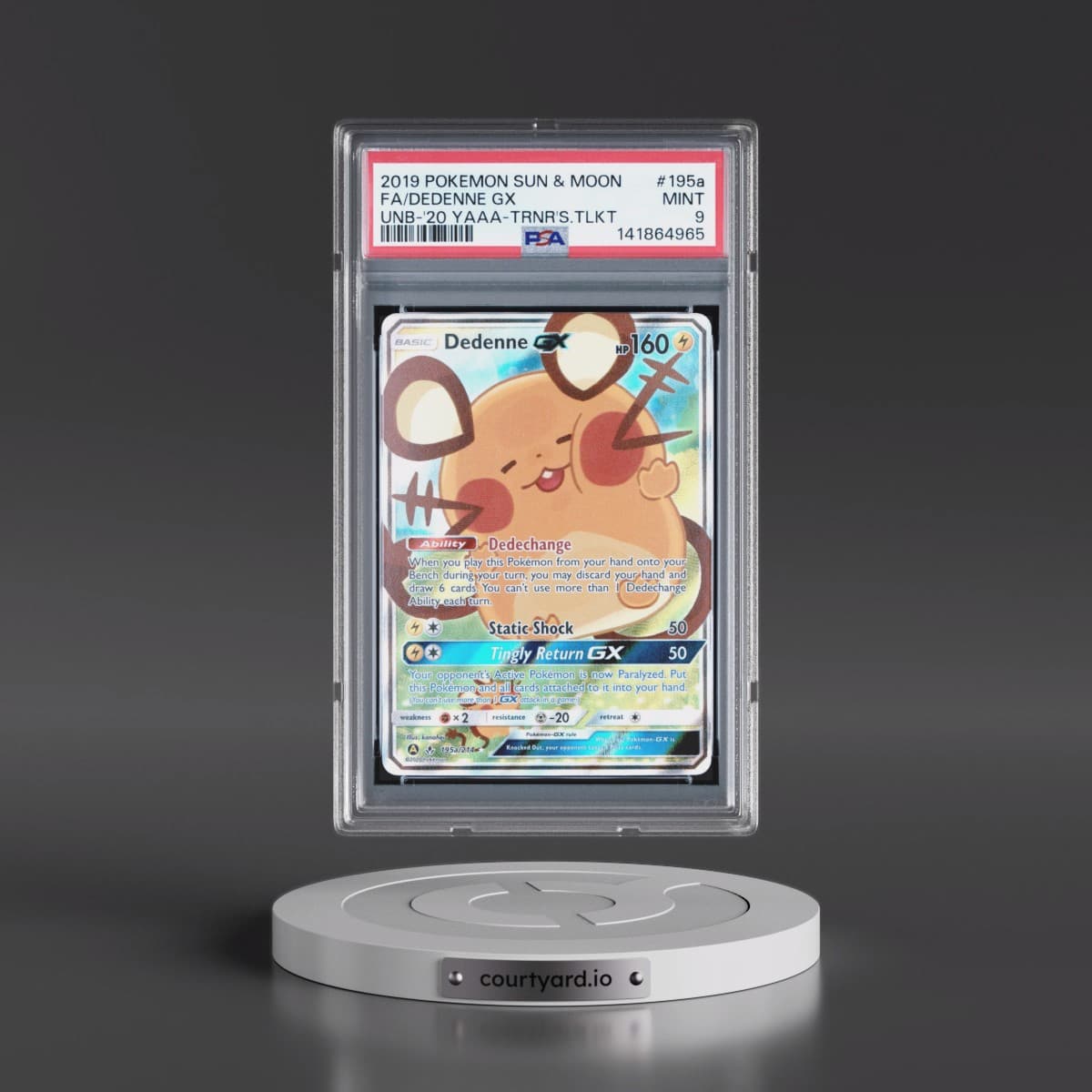 2019 Pokémon Sun & Moon Unbroken Bonds #195a Dedenne GX - Holo Full Art 2020 Yellow A Alternate Art Trainer's Toolkit (PSA 9 MINT)