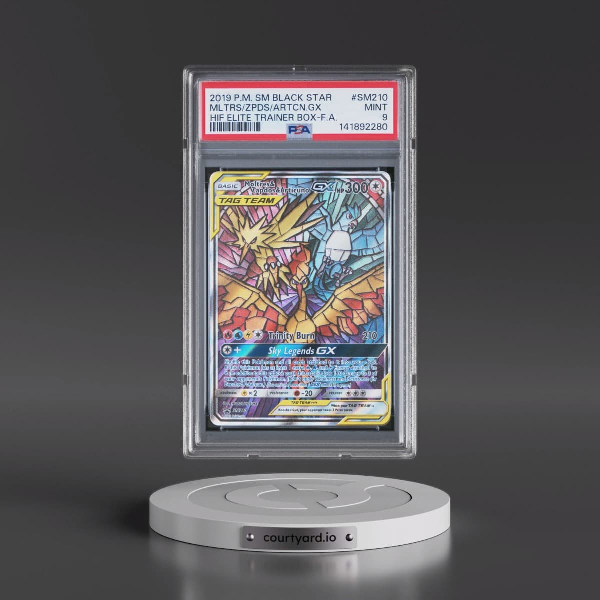2019 Pokémon SM Black Star Promo #SM210 Moltres & Zapdos & Articuno GX - Holo Full Art Hidden Fates Elite Trainer Box (PSA 9 MINT)