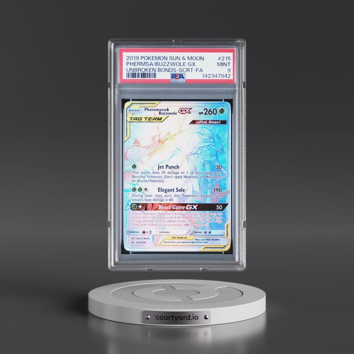 2019 Pokémon Sun & Moon Unbroken Bonds #215 Pheromosa & Buzzwole GX - Holo Full Art Secret (PSA 9 MINT)
