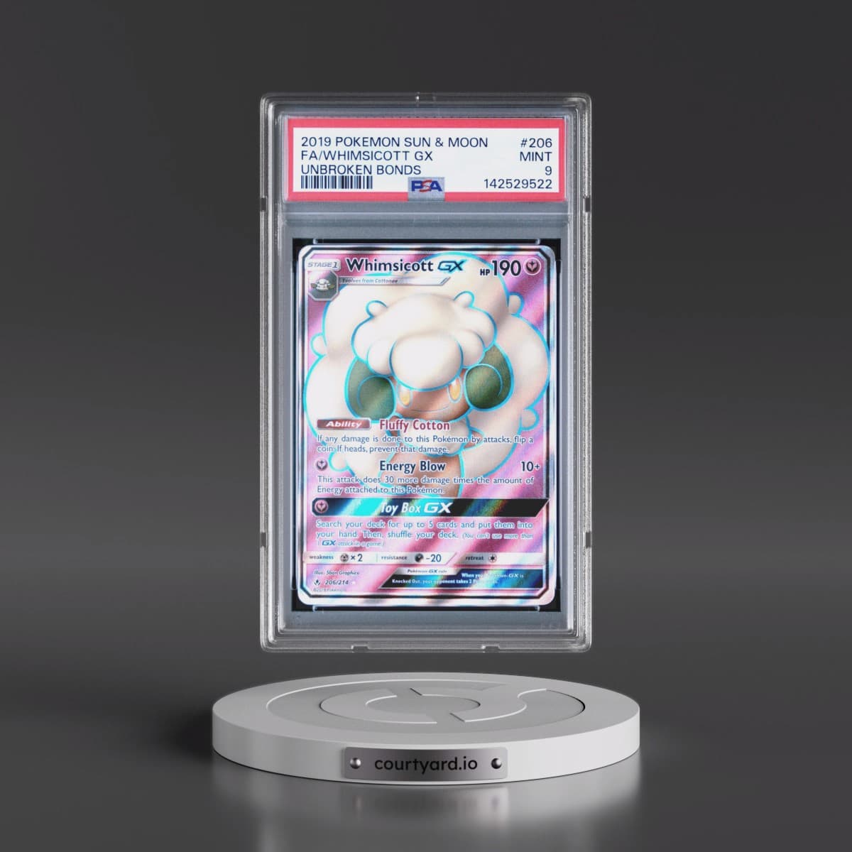 2019 Pokémon Sun & Moon Unbroken Bonds #206 Whimsicott GX - Holo Full Art (PSA 9 MINT)