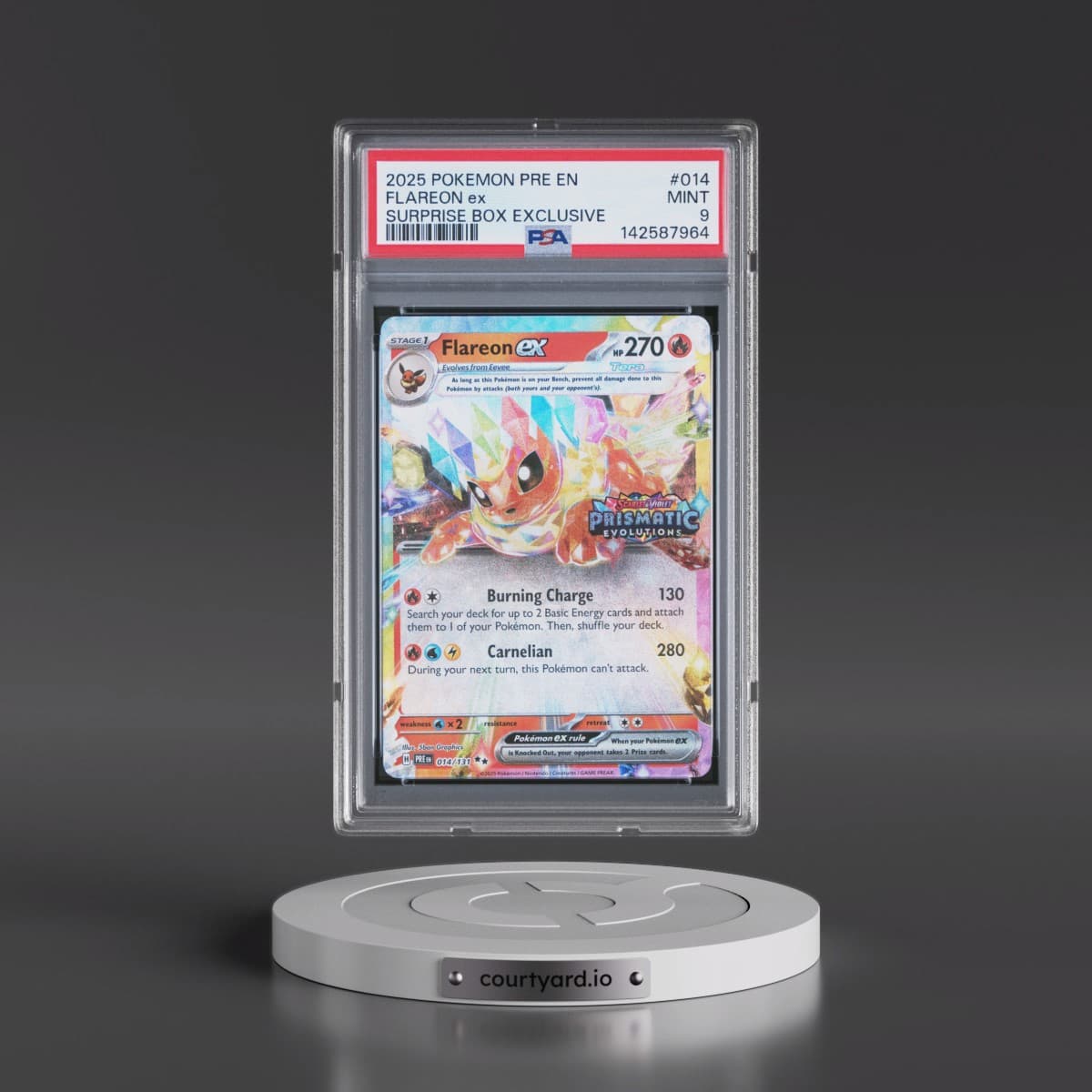 2025 Pokémon Pre EN-Prismatic Evolutions #014 Flareon EX - Holo Surprise Box Exclusive (PSA 9 MINT)