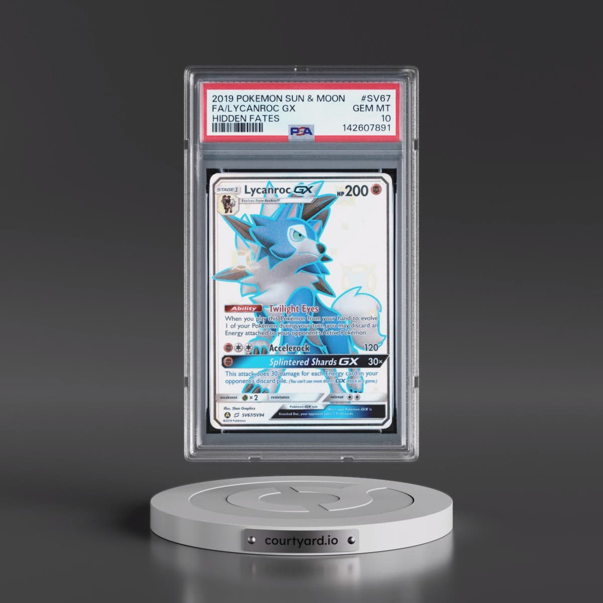 2019 Pokémon Sun & Moon Hidden Fates #SV67 Lycanroc GX - Holo Full Art (PSA 10 GEM MINT)