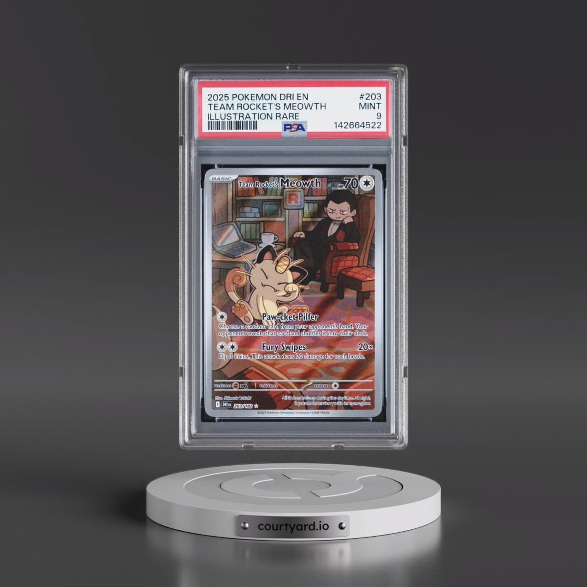 2025 Pokémon Dri EN-Destined Rivals #203 Team Rocket's Meowth - Illustration Rare (PSA 9 MINT)