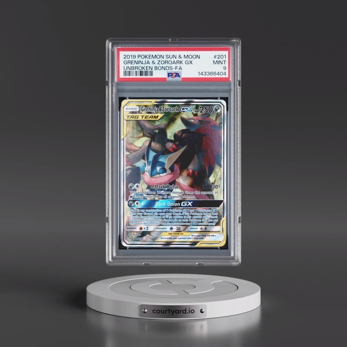 2019 Pokémon Sun & Moon Unbroken Bonds #201 Greninja & Zoroark GX - Holo Full Art (PSA 9 MINT)