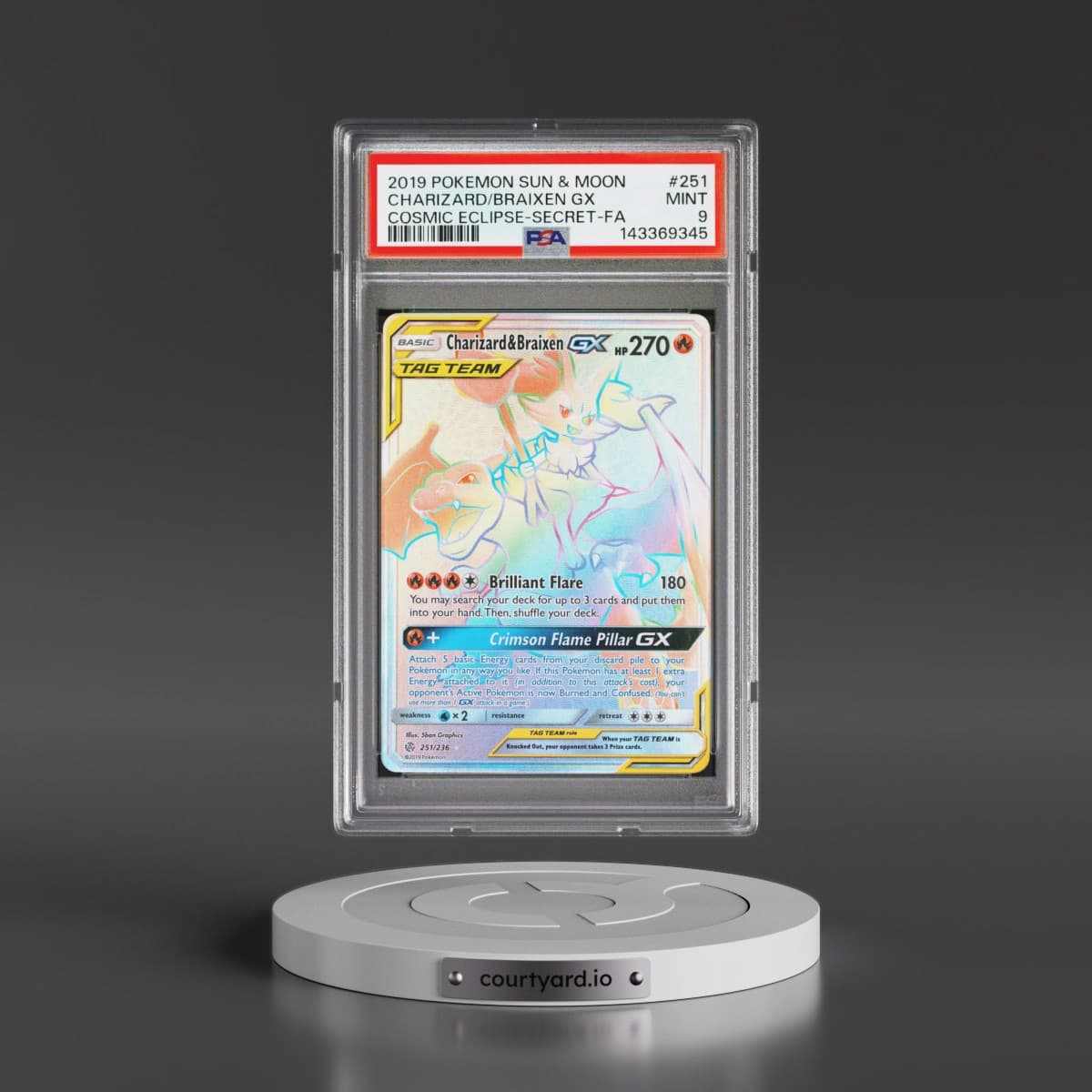 2019 Pokémon Sun & Moon Cosmic Eclipse #251 Charizard & Braixen GX - Holo Full Art Secret (PSA 9 MINT)