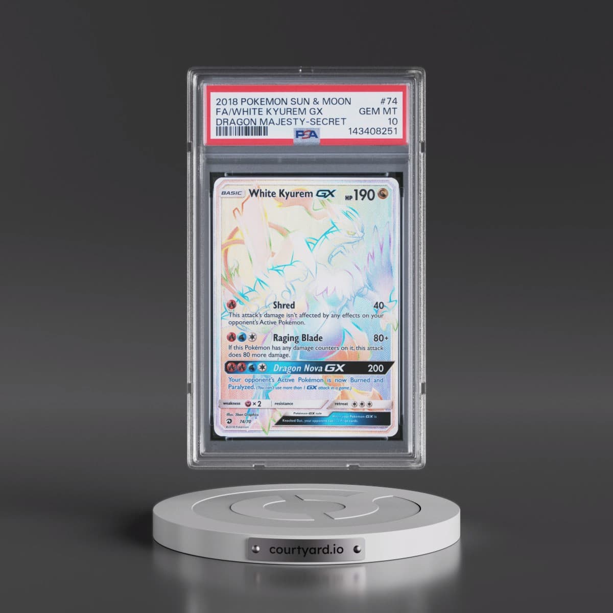 2018 Pokémon Sun & Moon Dragon Majesty #74 White Kyurem GX - Holo Full Art Secret (PSA 10 GEM MINT)