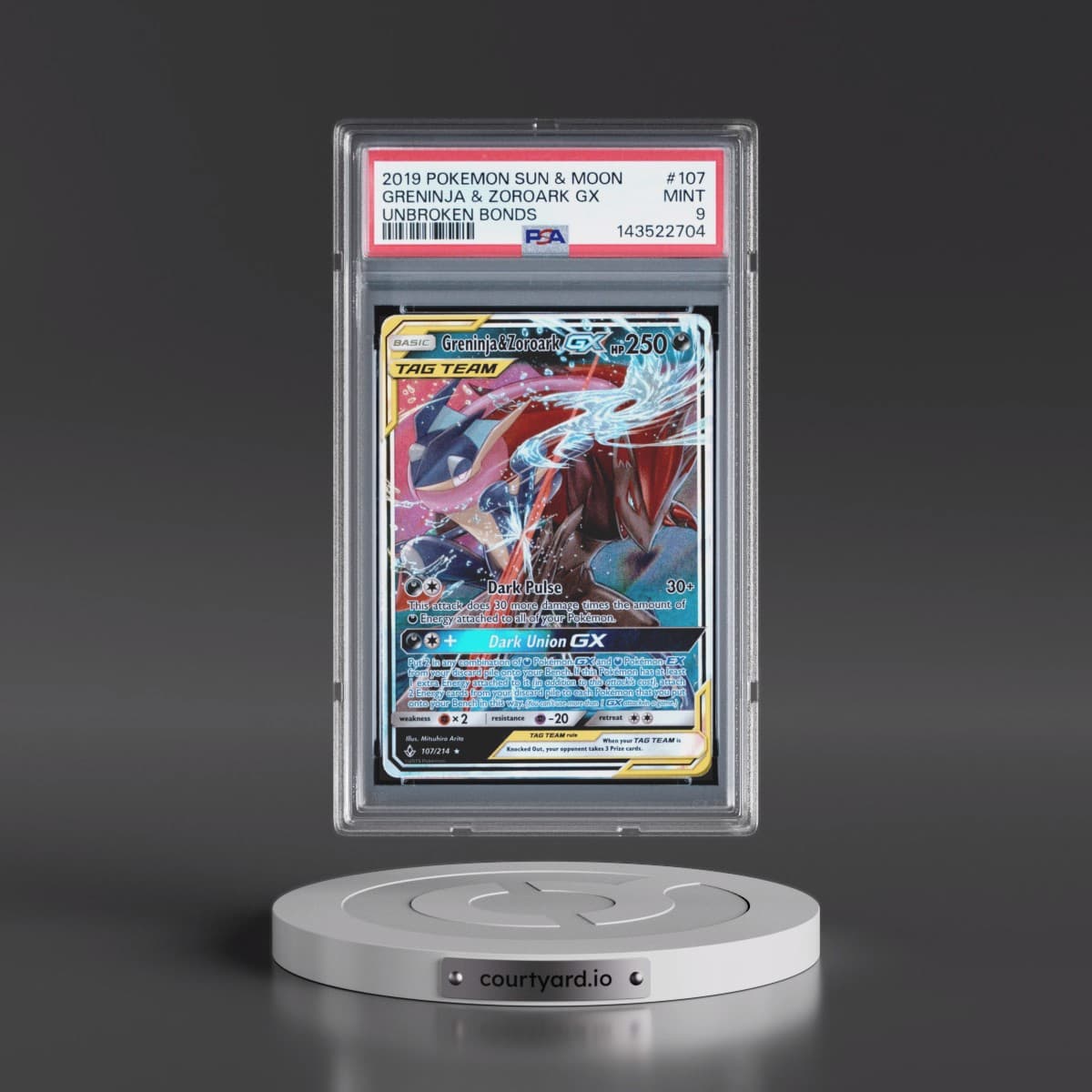 2019 Pokémon Sun & Moon Unbroken Bonds #107 Greninja & Zoroark GX - Holo (PSA 9 MINT)