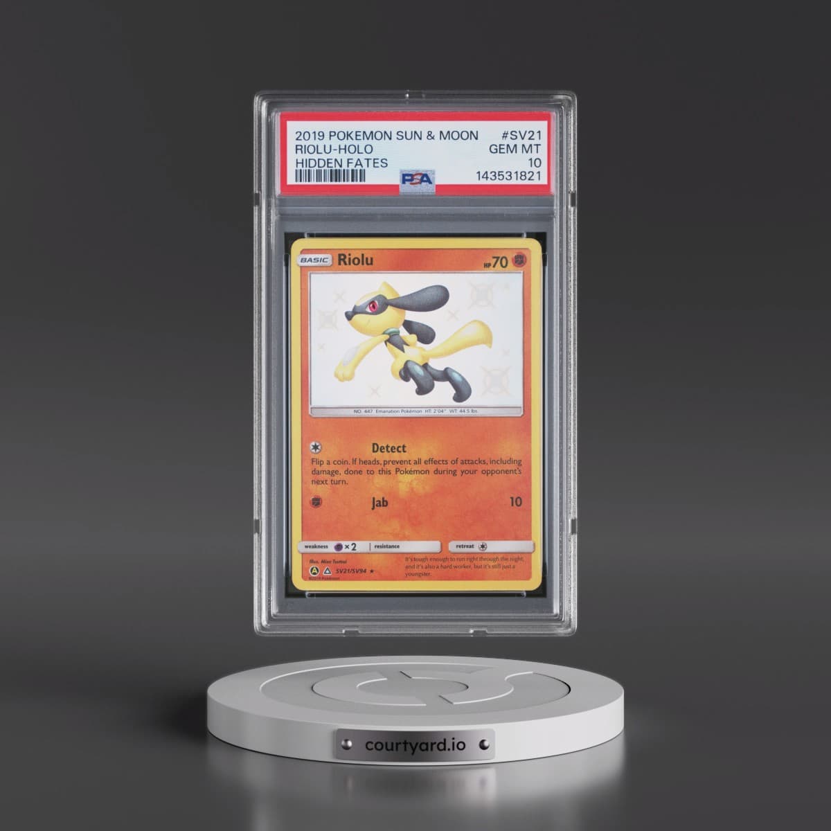 2019 Pokémon Sun & Moon Hidden Fates #SV21 Riolu - Holo (PSA 10 GEM MINT)