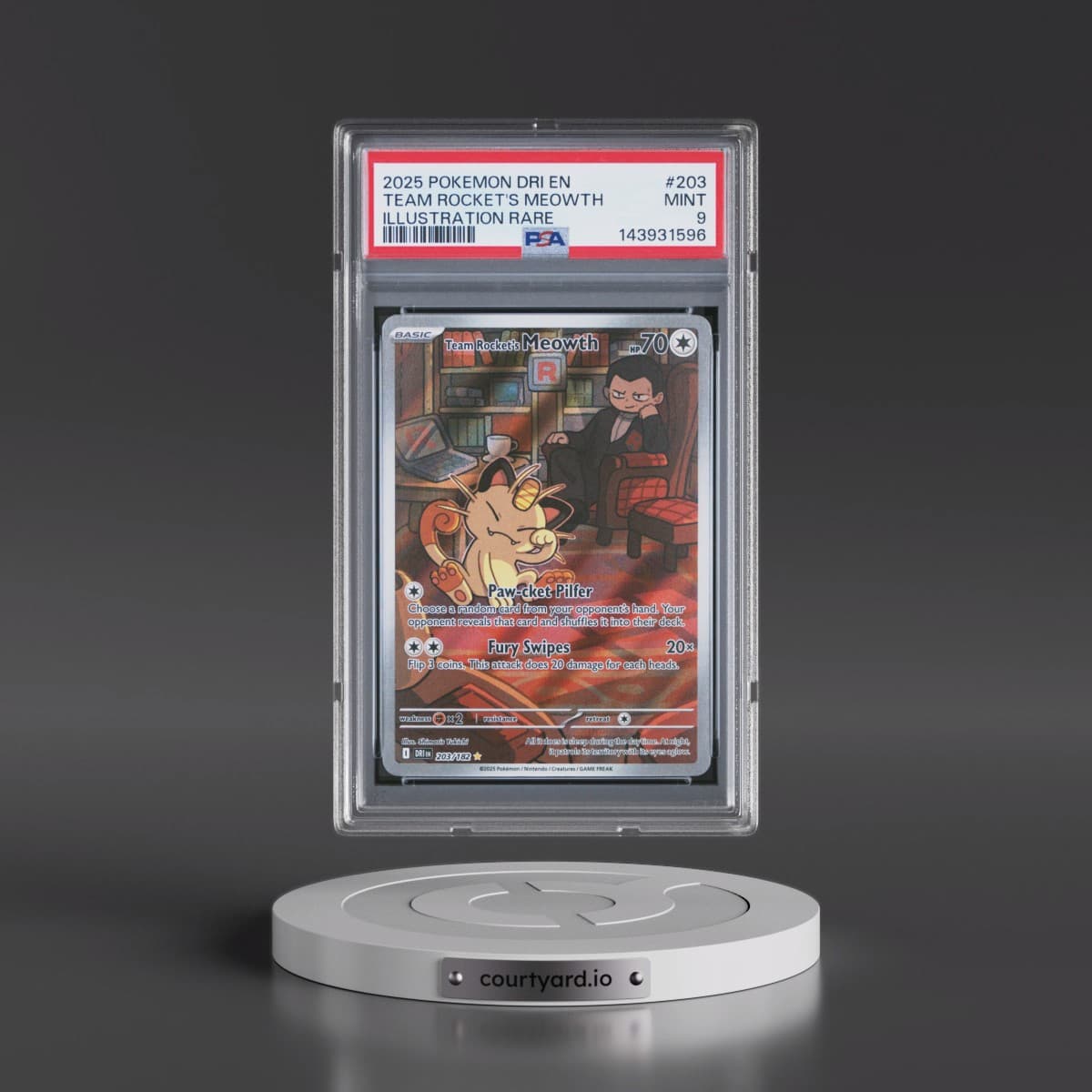 2025 Pokémon Dri EN-Destined Rivals #203 Team Rocket's Meowth - Illustration Rare (PSA 9 MINT)
