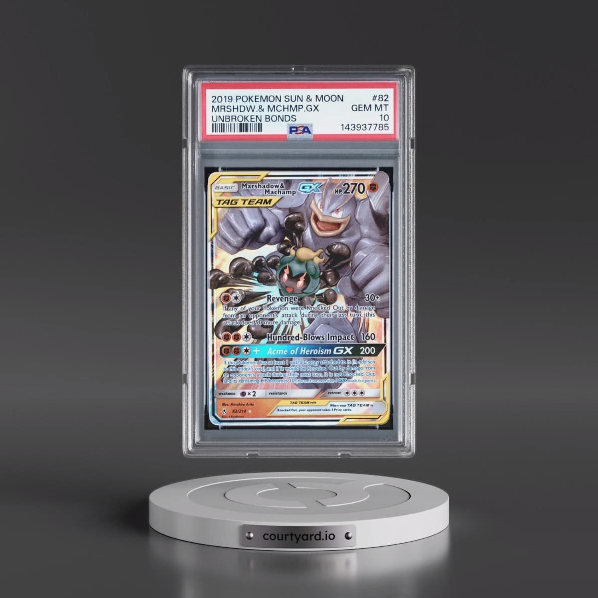 2019 Pokémon Sun & Moon Unbroken Bonds #82 Marshadow & Machamp GX - Holo (PSA 10 GEM MINT)