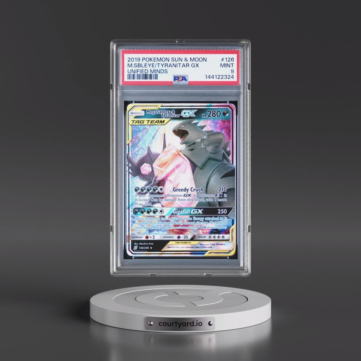 2019 Pokémon Sun & Moon Unified Minds #126 Mega Sableye & Tyranitar GX - Holo (PSA 9 MINT)