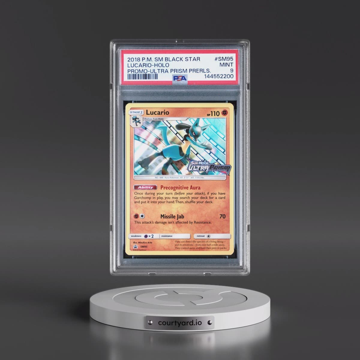 2018 Pokémon SM Black Star Promo #SM95 Lucario - Holo Ultra Prism Prerelease (PSA 9 MINT)