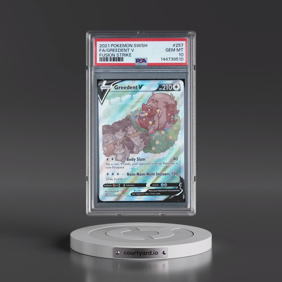 2021 Pokémon Sword & Shield Fusion Strike #257 Greedent V - Holo Full Art (PSA 10 GEM MINT)