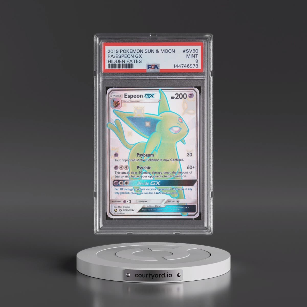 2019 Pokémon Sun & Moon Hidden Fates #SV60 Espeon GX - Holo Full Art (PSA 9 MINT)