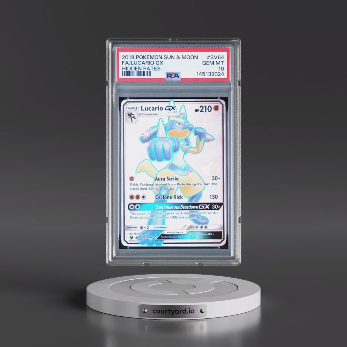 2019 Pokémon Sun & Moon Hidden Fates #SV64 Lucario GX - Holo Full Art (PSA 10 GEM MINT)