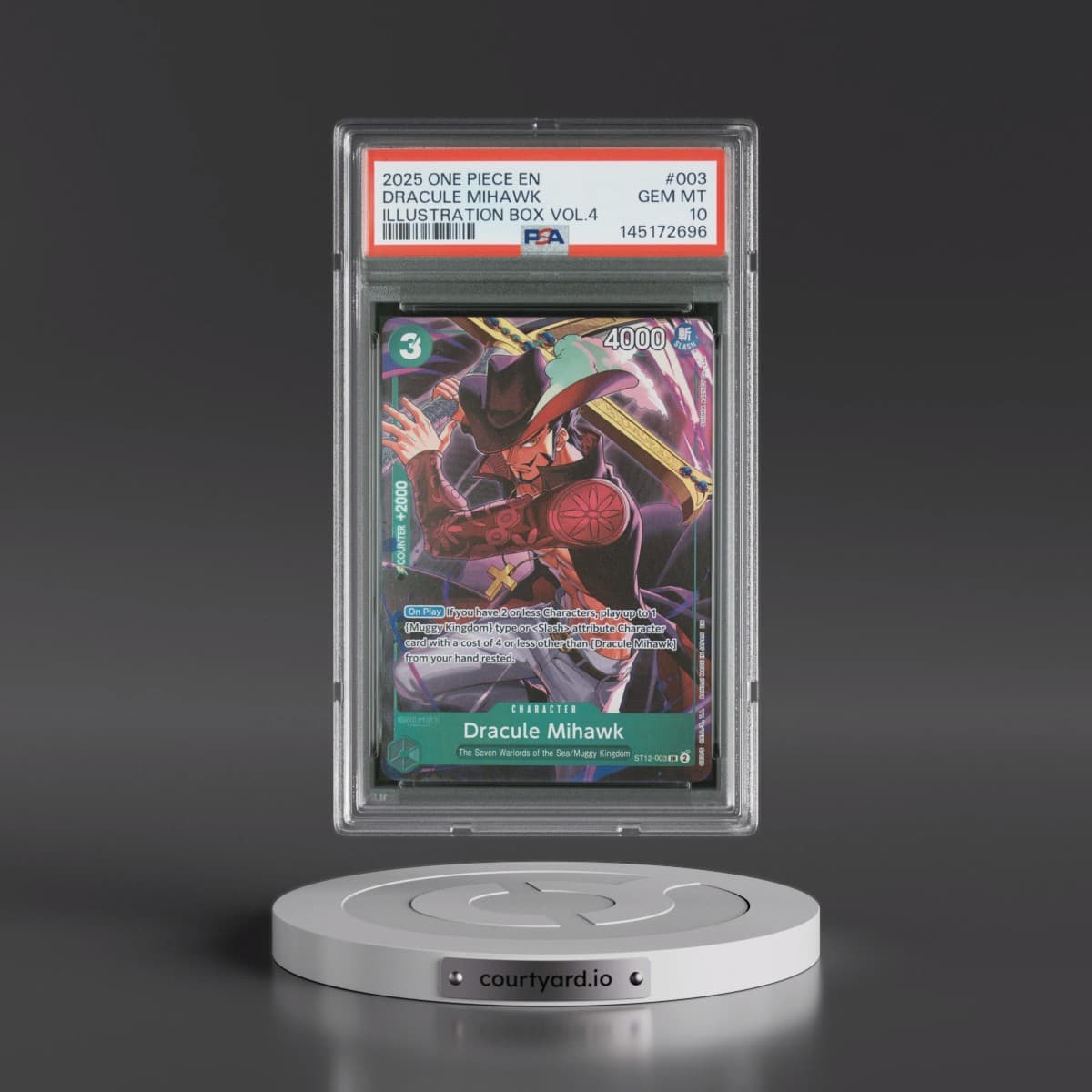 2025 One Piece Promos #003 Dracule Mihawk - Illustration Box Vol.4 (PSA 10 GEM MINT)